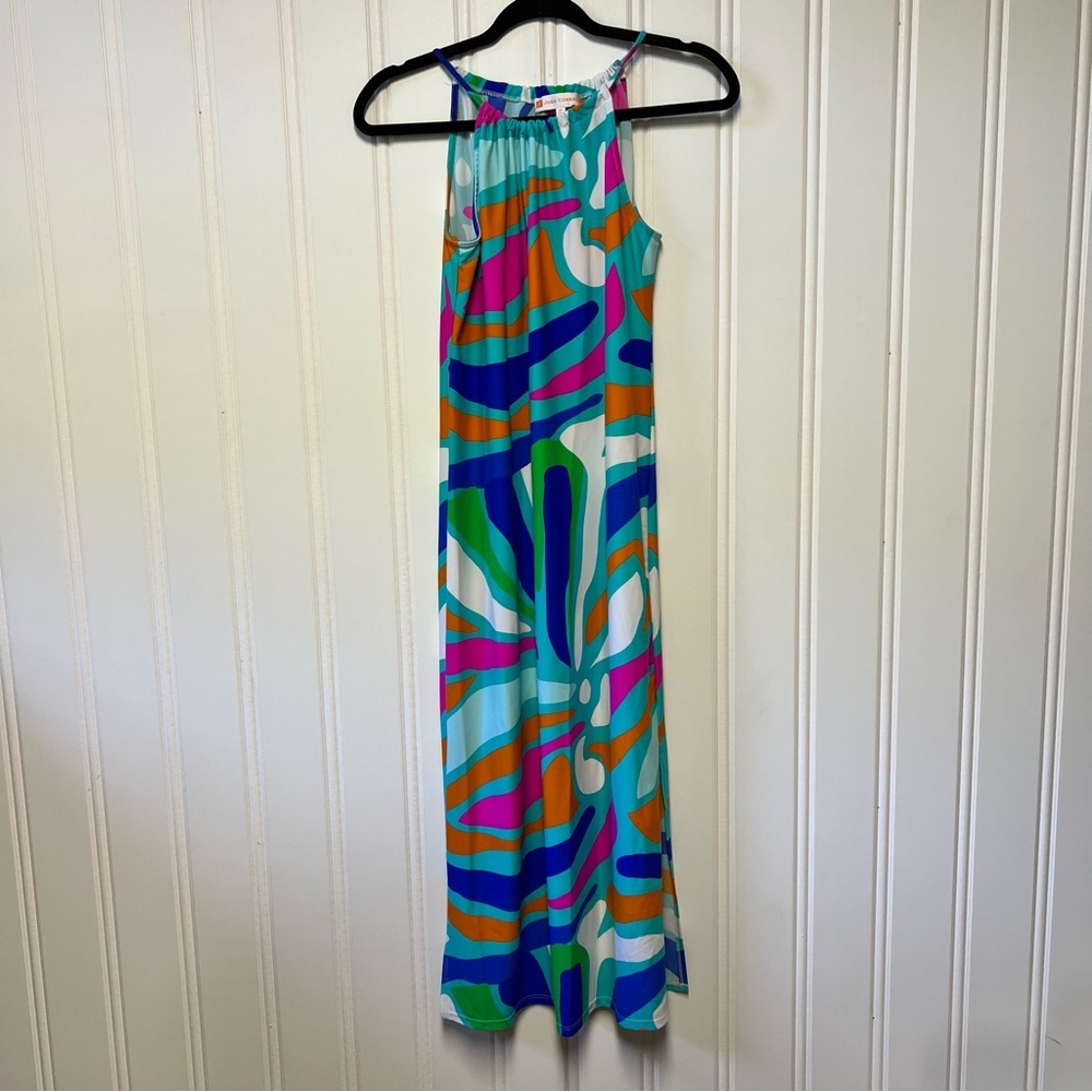 Jude Connally Anya Abstract Aqua Midi Dress XS Pink Blue Orange Beach - Picture 1 of 9